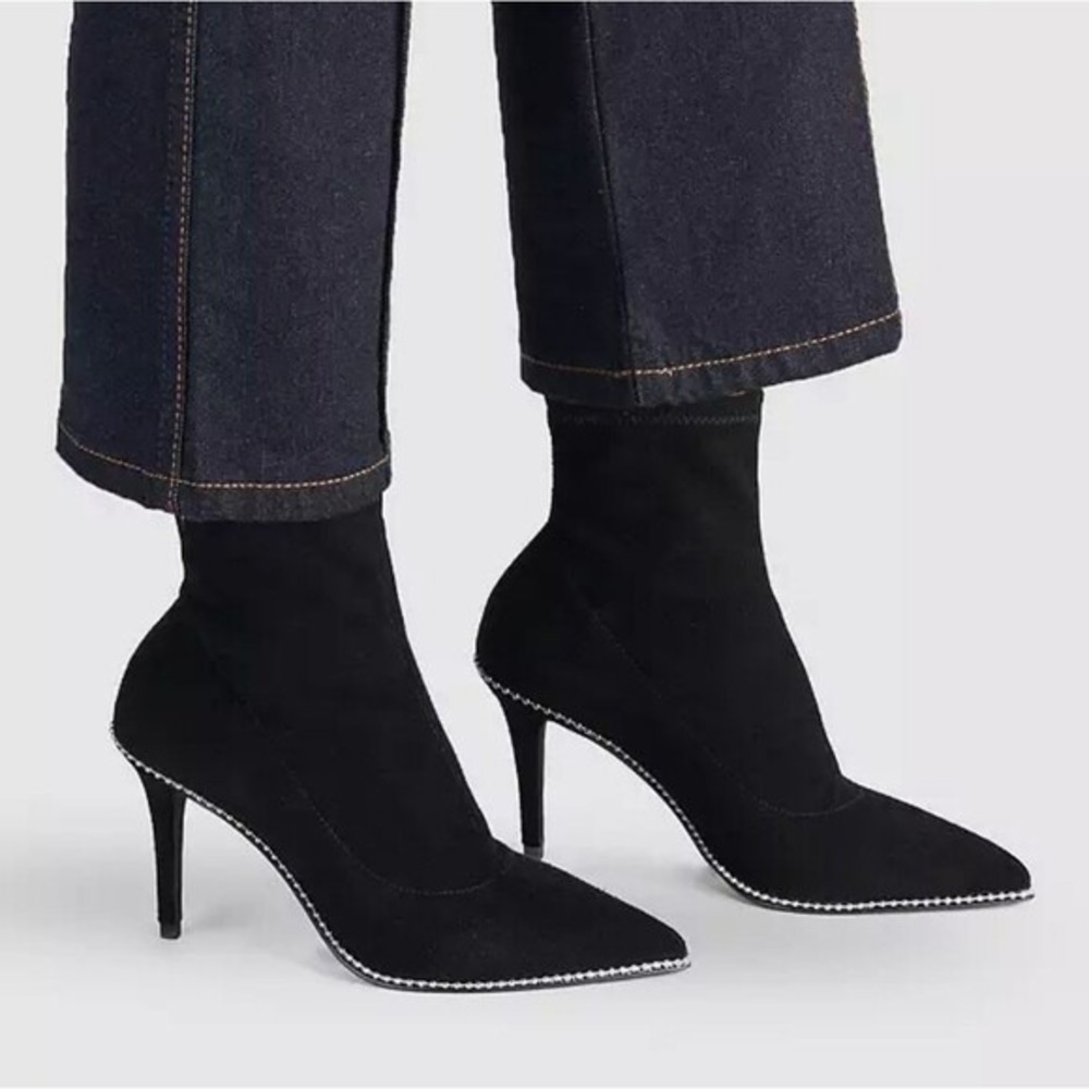 Coach Weston Bootie Black Suede Sock Boot Bead Trim Pointed Toe Heels 7.5